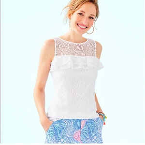Lilly Pulitzer Janine Tank Top XS White Crochet Ruffle Resort Lace Sleeveless